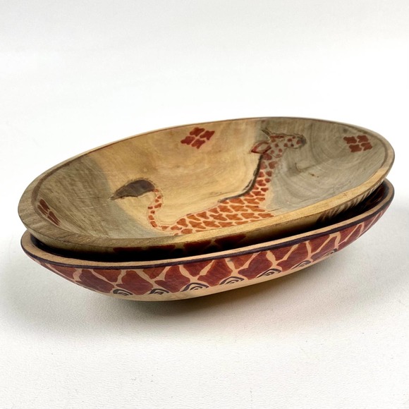 African Handcarved/Handpainted Wooden Oval Bowls (Set of 2) Giraffe/Ethnic - Picture 4 of 9